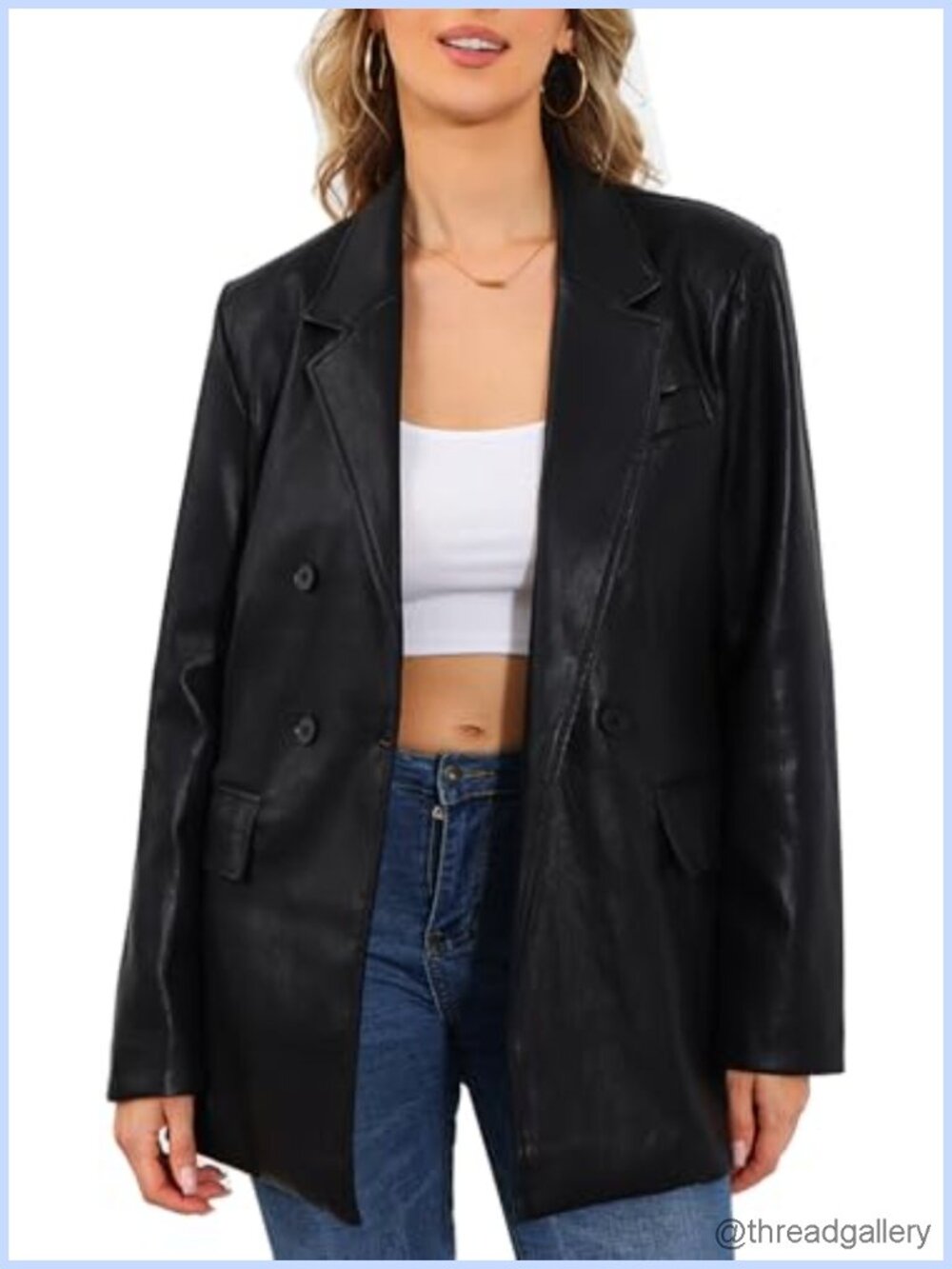 Oversized Faux Leather Double Breasted Blazer Women's Long Sleeve Notch Lapel